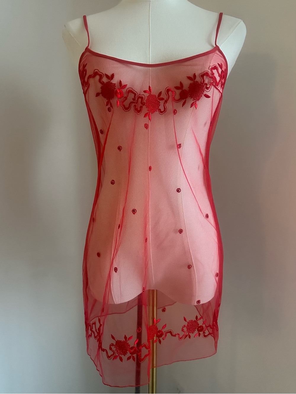 New❤️La Perla Red Sheer crystals Embroidered Chemise Slip -